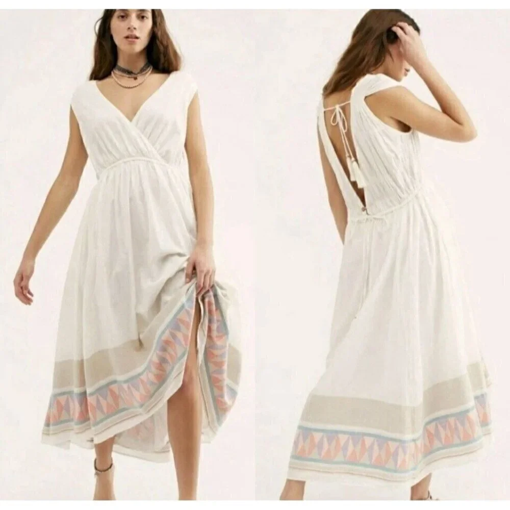 Free People Lulu‎ Bone White Midi Dress Endless Summer Open Back Sleeveless Sz M